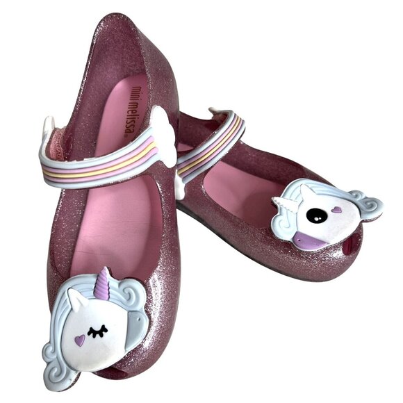 Mini Melissa Girls Unicorn Mary Jane Shoes Size 5 Glitter Pink - Picture 1 of 8